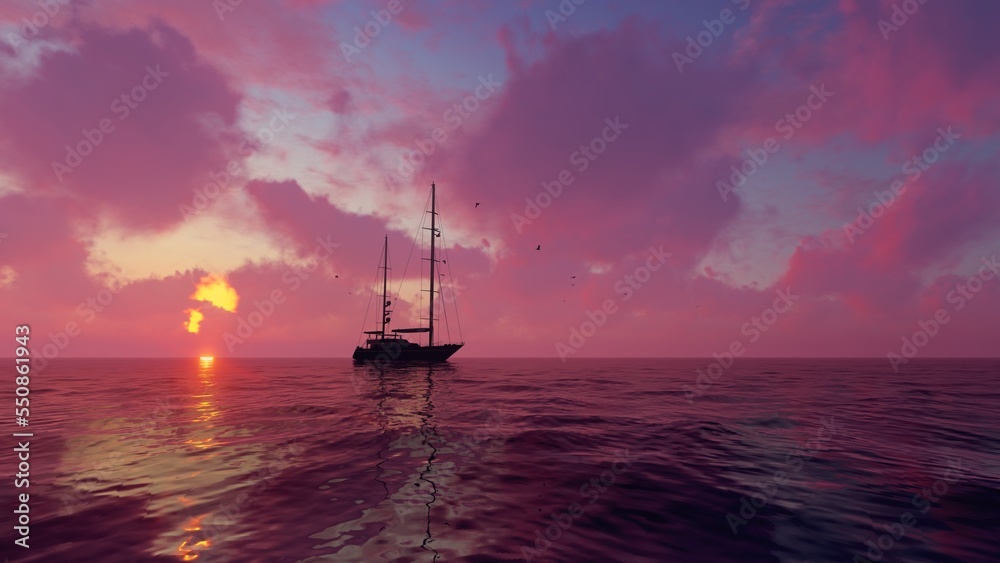 Fototapeta premium Yacht on the sea surface at sunset