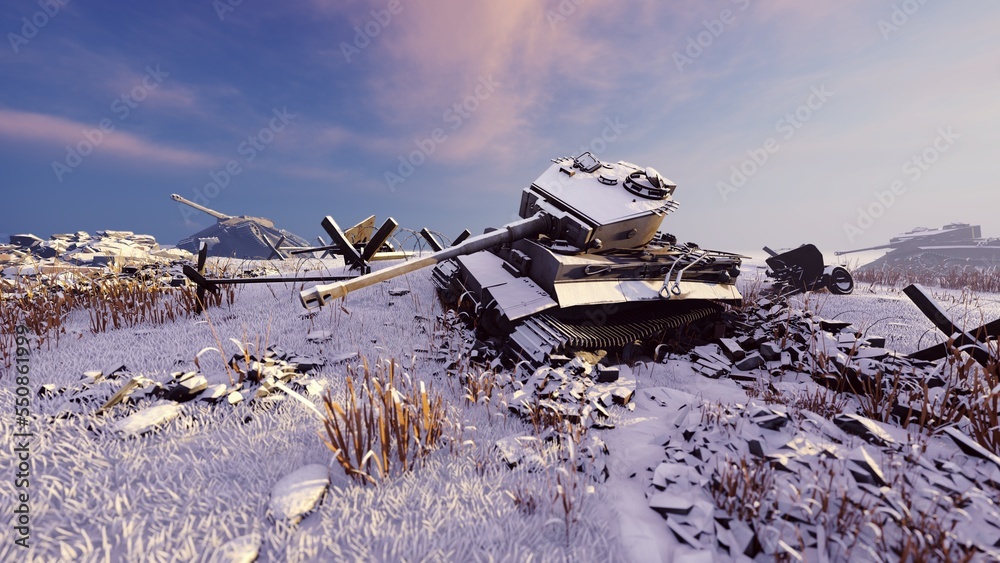 Obraz premium Battlefield with destroyed enemy vehicles