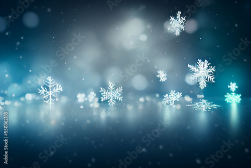 Christmas snowy background with shiny white snowflakes. Winter blue background. Abstract christmas illustration for background, design, template, banner