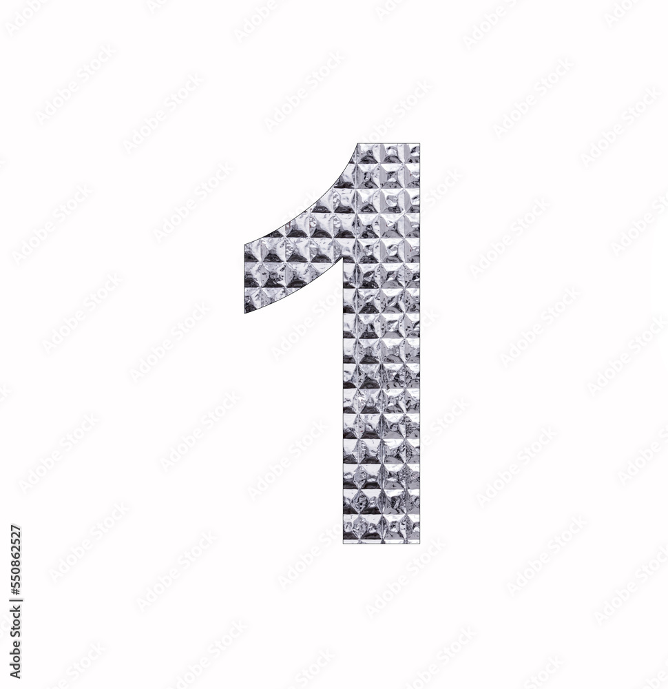 Number 1 - Digit one in textured silver shiny paper Number 1 - Digit one in textured silver shiny paper