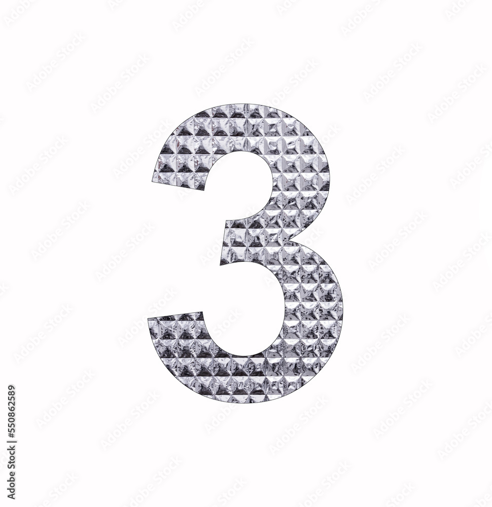 Number 3 - Digit three in textured silver shiny paper Number 3 - Digit three in textured silver shiny paper