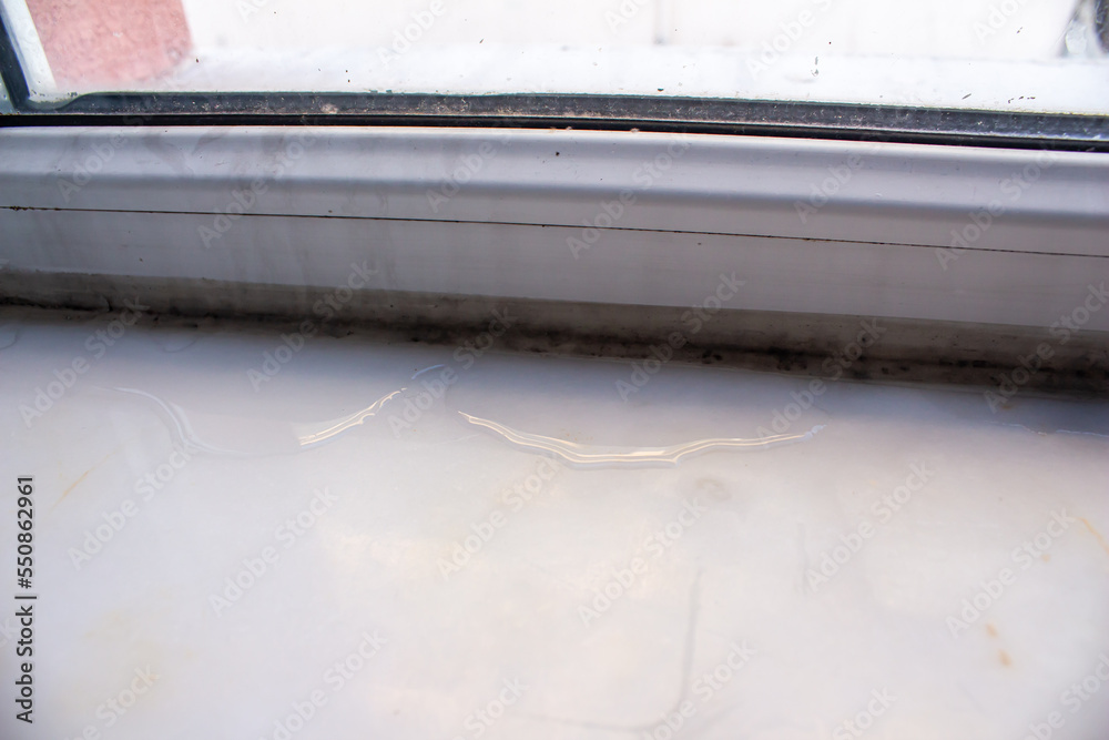 Condensation and mold problem. Water accumulation due to condensation near the window.