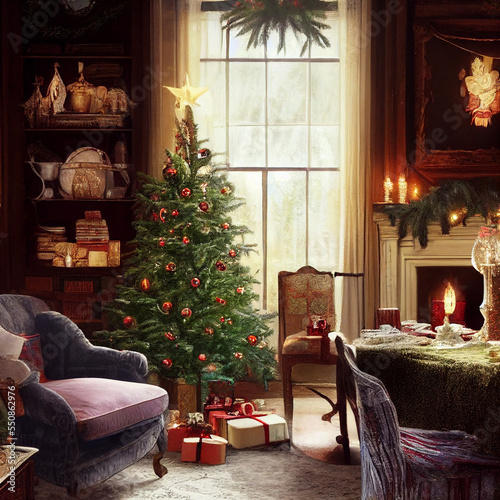 christmas tree with gifts and decorations in english styled room photo