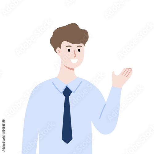 Smiling businessman introducing. Business Presentation, information guidance concept. Use for website, app. Flat cartoon style vector design illustration isolated on white background
