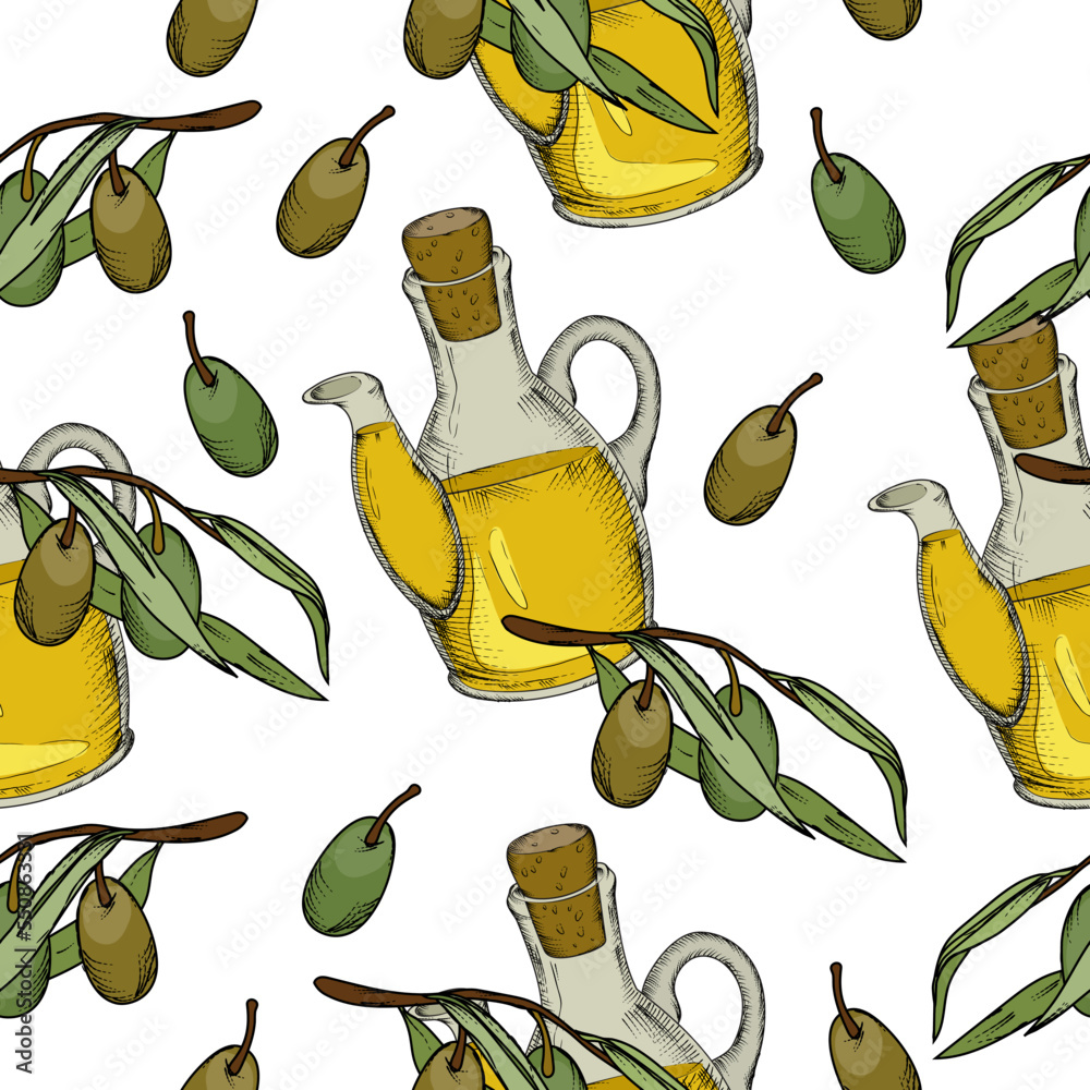 Olives and oil seamless repeatable pattern, hand drawn vector illustration. Endless decorative pattern or wrapping for food and cosmetics with olive oil bottles and plants.