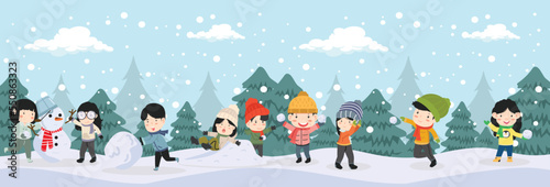 kids playing snowball fight with trees and falling snow poster