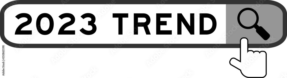 Search banner in word 2023 trend with hand over magnifier icon on white background Search banner in word 2023 trend with hand over magnifier icon on white background