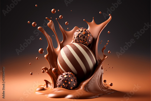 Chocolate bonbon dropping into liquid chocolate photo
