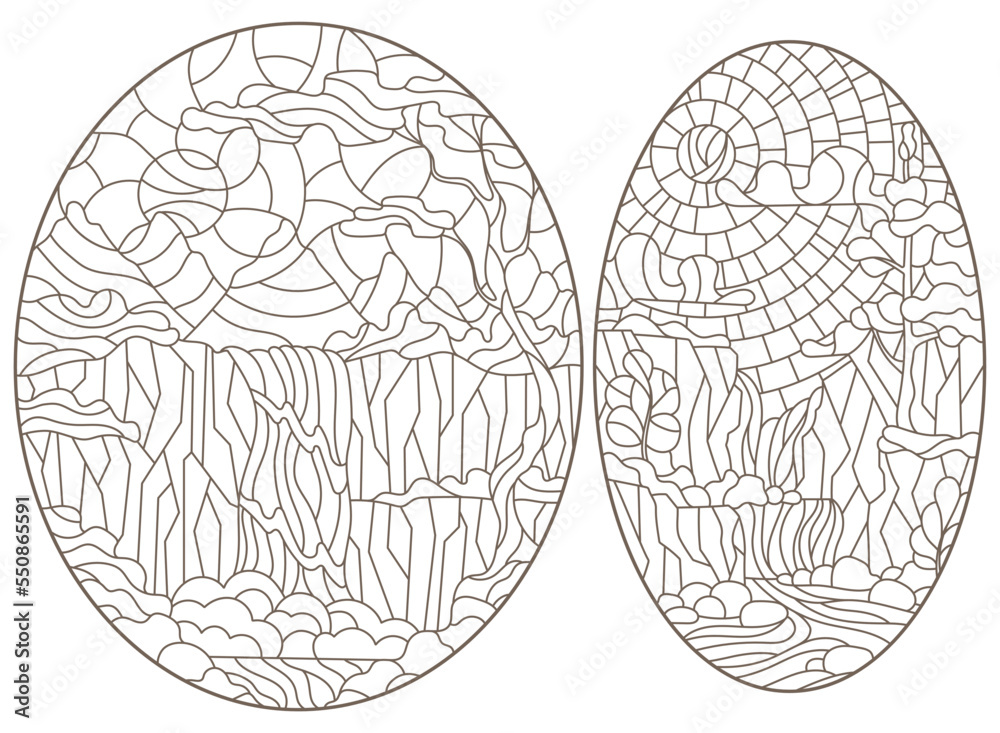 Set contour illustrations of stained glass in the stained glass style with scenery of wild nature, a mountain river and waterfall, a dark outline on a white background Set contour illustrations of stained glass in the stained glass style with scenery of wild nature, a mountain river and waterfall, a dark outline on a white background