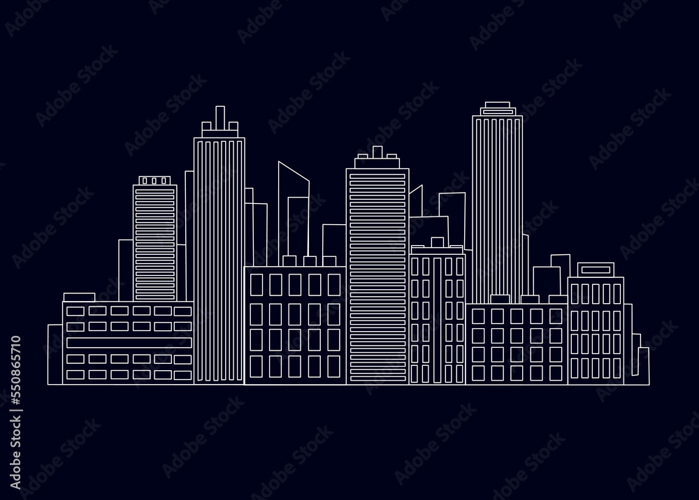 Vector illustration of a big city with skyscrapers is drawn with a white line on a black background.