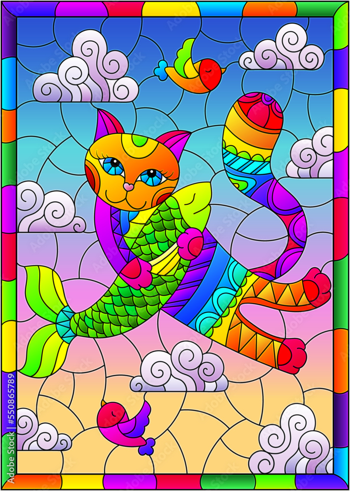 A stained glass illustration with a cartoon cat hugging a fish against a cloudy sky, a rectangular image in a bright frame