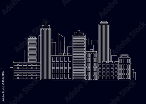 Vector illustration of a big city with skyscrapers is drawn with a white line on a black background.