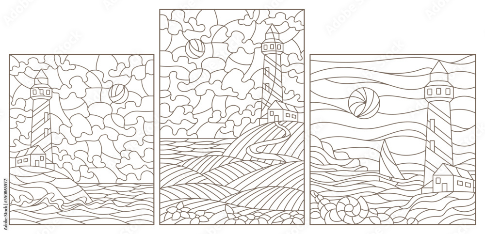 Set of contour illustrations of stained glass Windows with seascapes, lighthouses on the background of the sea and the Sunny sky