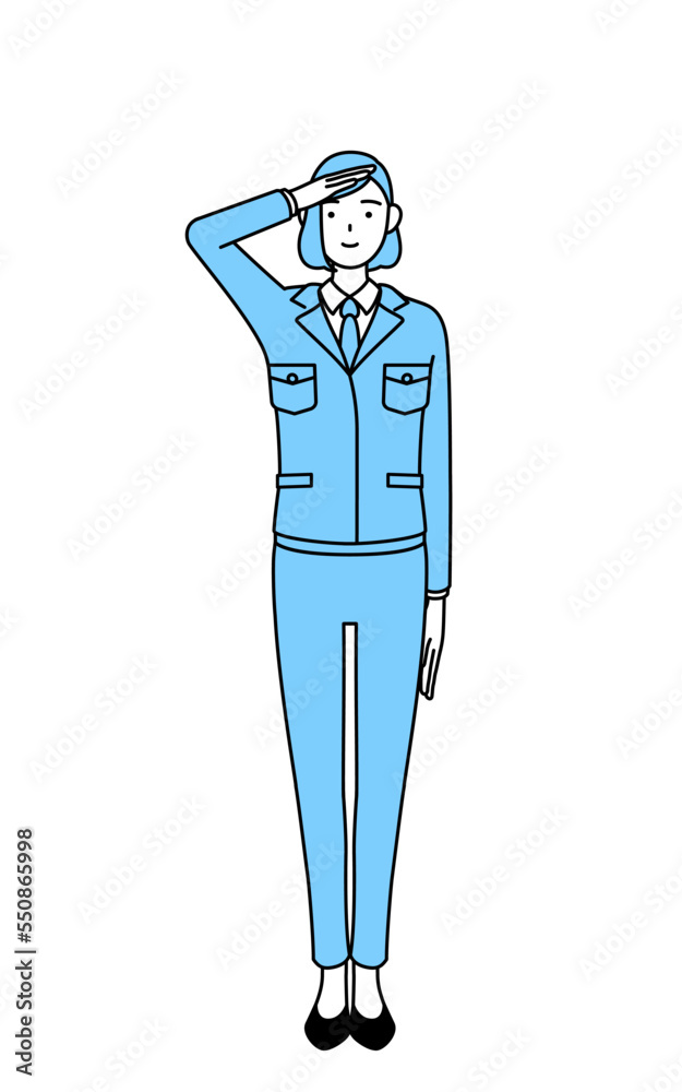 軍隊式敬礼する作業着を着た女性のシンプルな線画イラスト 軍隊式敬礼する作業着を着た女性のシンプルな線画イラスト