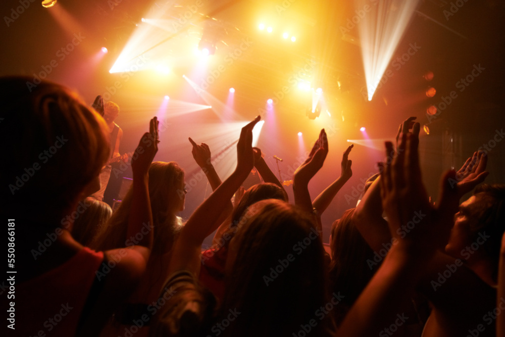 Music rock festival, concert or performance event with audience, crowd or people hands dancing with fans, youth and friends. Group of people at a techno, disco rave or night party club in celebration