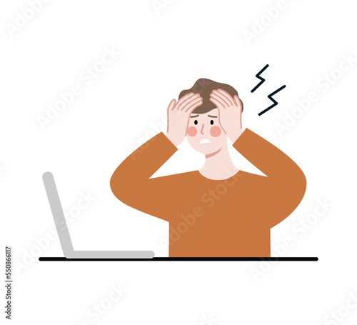 Busy Business man sitting at office using laptop. Frustration, Overwork, project deadline, Depression, stress concept. Cartoon character vector illustration isolated on white background