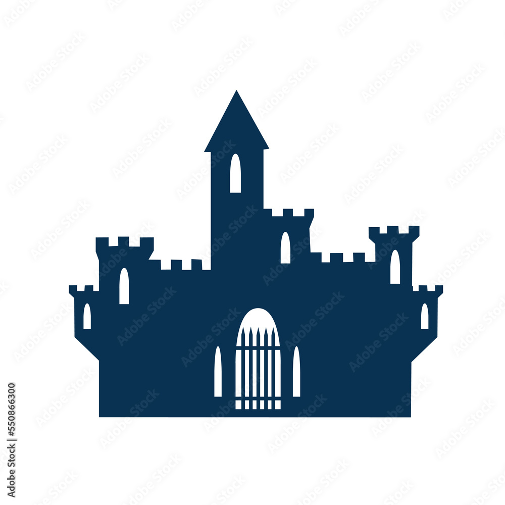 Icon of an old fairy tale medieval castle with towers, windows and gates. Vector icon isolated on white background. Silhouette of ancient architecture.