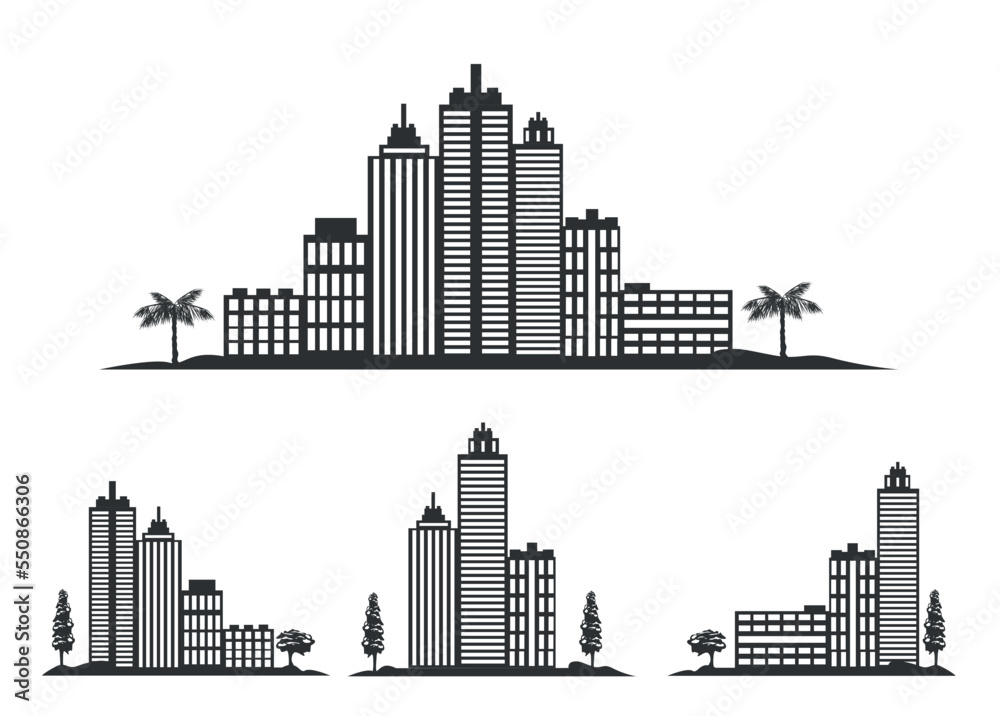 Fototapeta premium Vector set of icons from the silhouette of a big city and individual houses and skyscrapers black on a white background for creating a design of maps and Internet pages