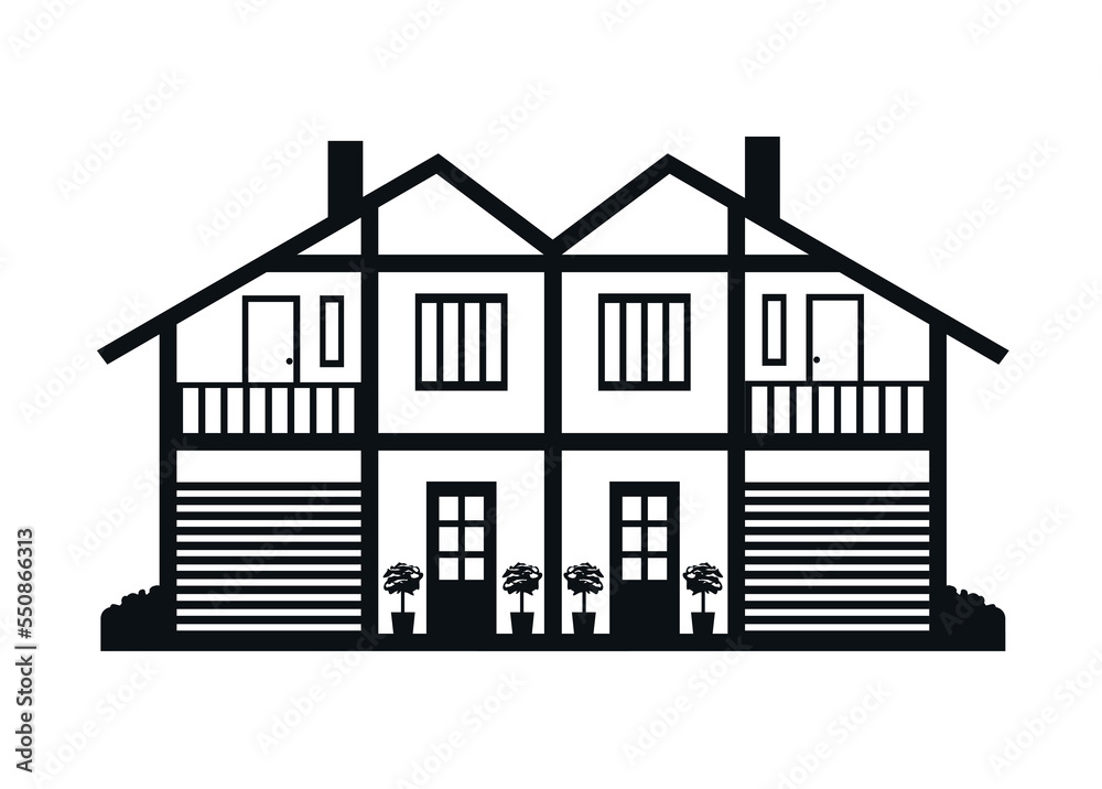 Vector icon duplex with garage and balcony. Illustration of urban architecture in black and white.
