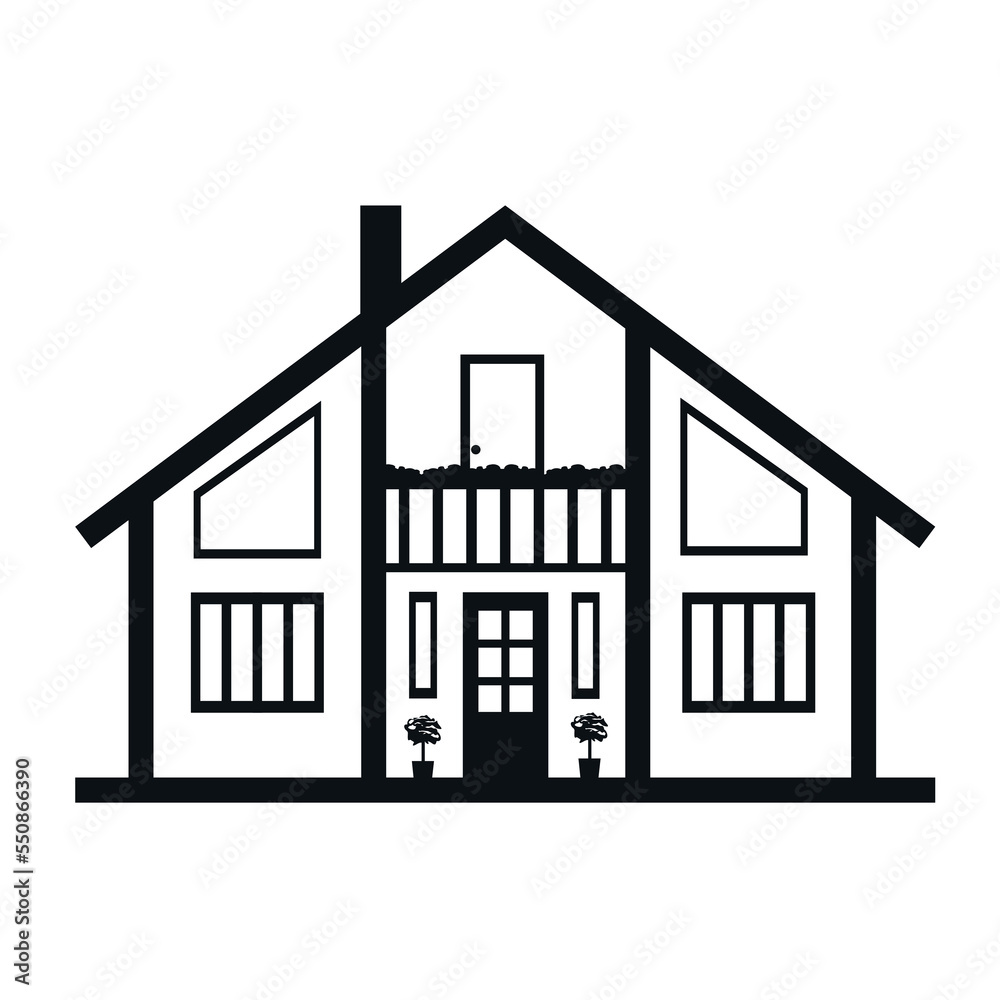Vector icon of a two storey private house with a balcony on a white background. Architecture icon in flat style made from black lines.