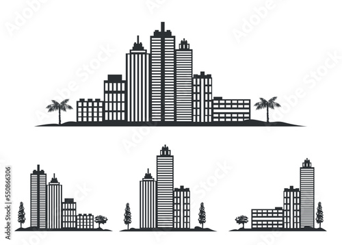 Vector set of icons from the silhouette of a big city and individual houses and skyscrapers black on a white background for creating a design of maps and Internet pages