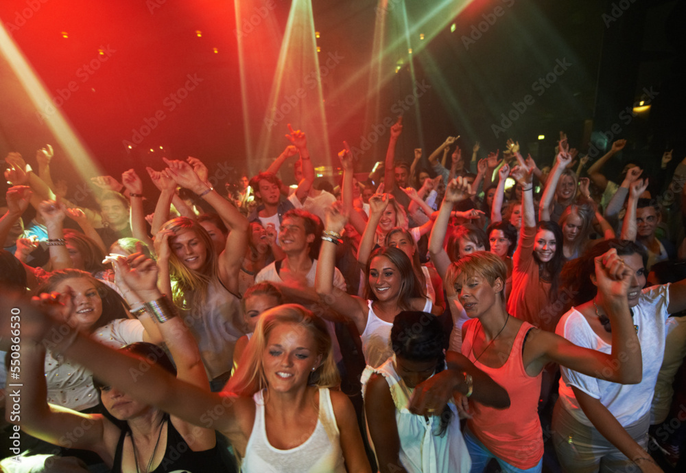 Concert music, rock and crowd of people with disco party lights for dance,  performance and singing