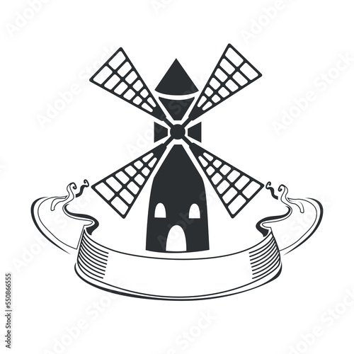 Vector label with vintage windmill and vintage ribbon. Silhouette of ancient architecture