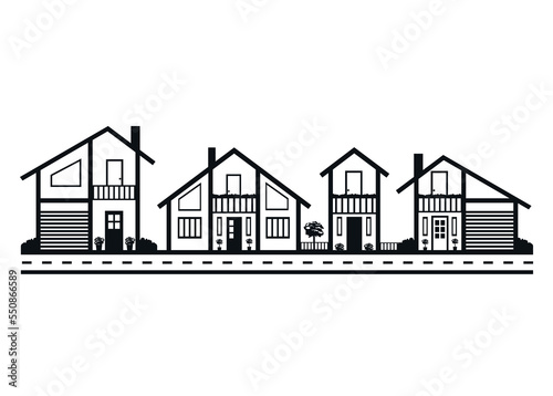 Vector icon of a street with private houses. Illustration of urban architecture black on white.