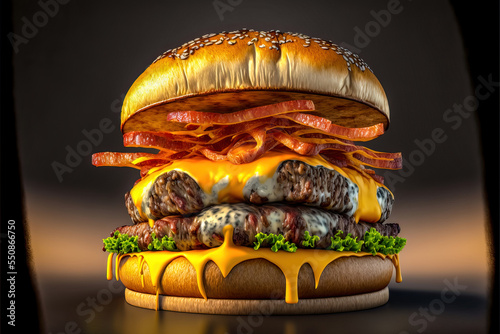 Hamburger Cheeseburger Christmasburger mit Käse und Speck und Weihnachtsdekoration  Goldburger AI Art Digital Art Illustration Backdrop Hintergrund Background photo