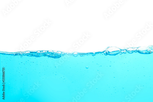 Blue water and bubbles of water isolated on white background.