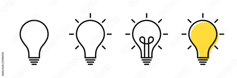 Creative idea and solution concept, light bulb in outline style. Set of electric lamps with rays. Knowledge, problem solution, creative idea and thinking. Vector Creative idea and solution concept, light bulb in outline style. Set of electric lamps with rays. Knowledge, problem solution, creative idea and thinking. Vector