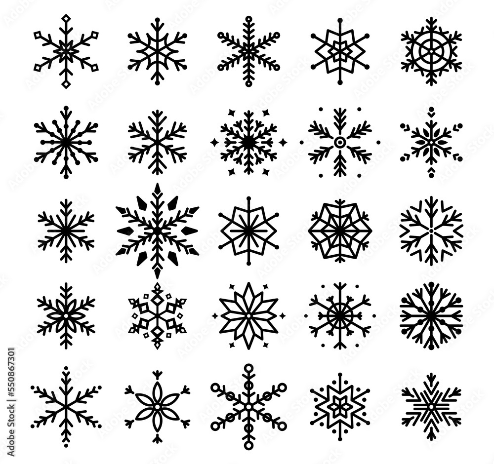 Snowflakes set on white background. Christmas and New year design elements. Winter flat decorations. Frozen symbol. Vector illustration. Snowflakes set on white background. Christmas and New year design elements. Winter flat decorations. Frozen symbol. Vector illustration.