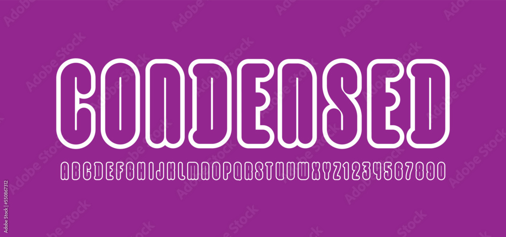 Condensed white font, rounded high alphabet, modern letters and numbers Condensed white font, rounded high alphabet, modern letters and numbers