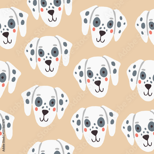 Vector seamless pattern with dalmatian dog faces on beige background. Vector illustration