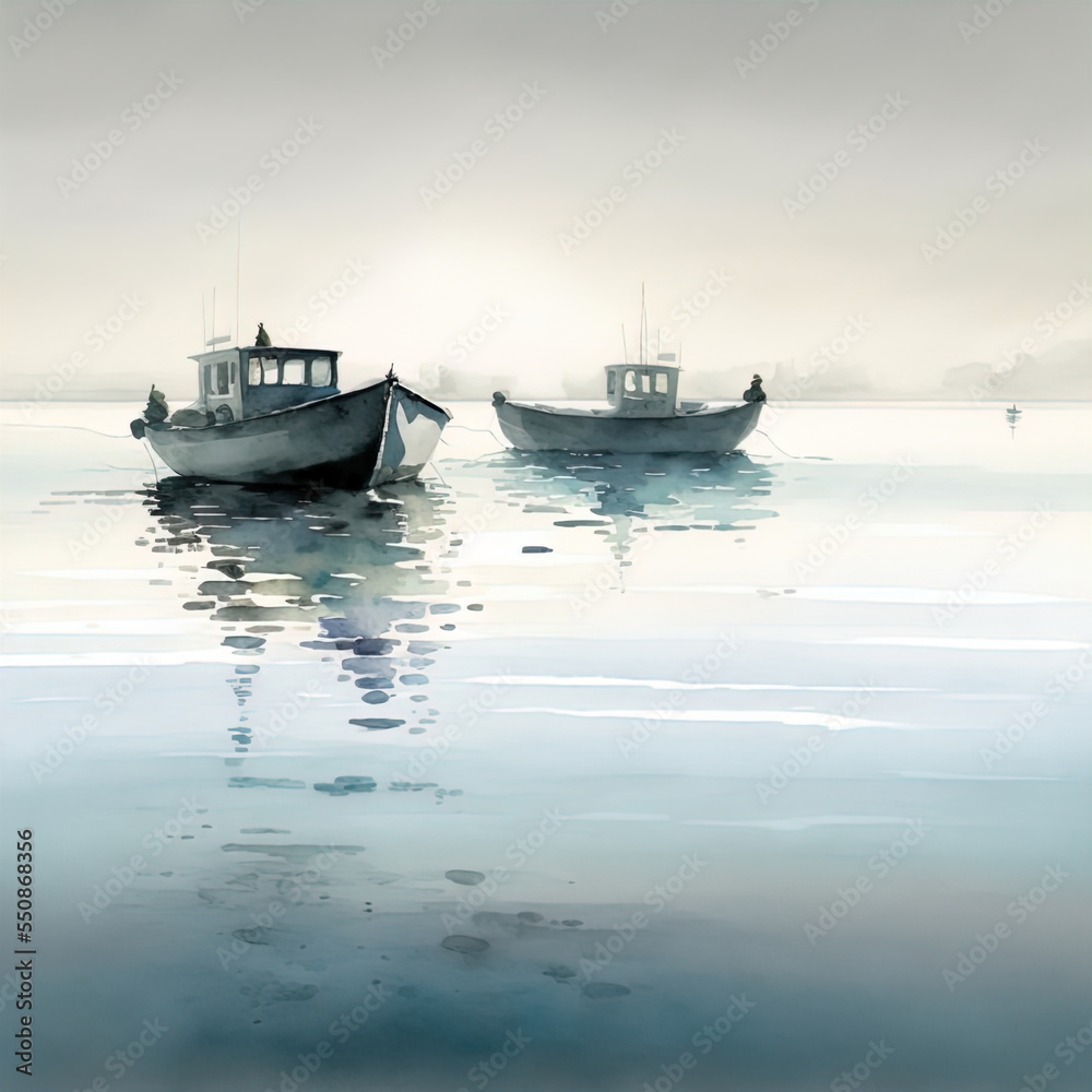 Naklejka premium Painting of boats docked at sunset. Peaceful calming image. 
