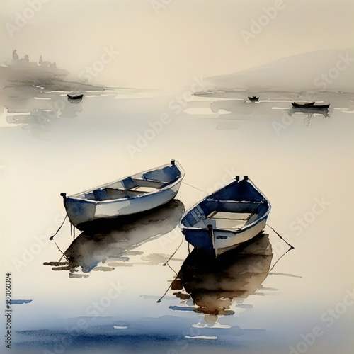 Painting of boats docked at sunset. Peaceful calming image. 