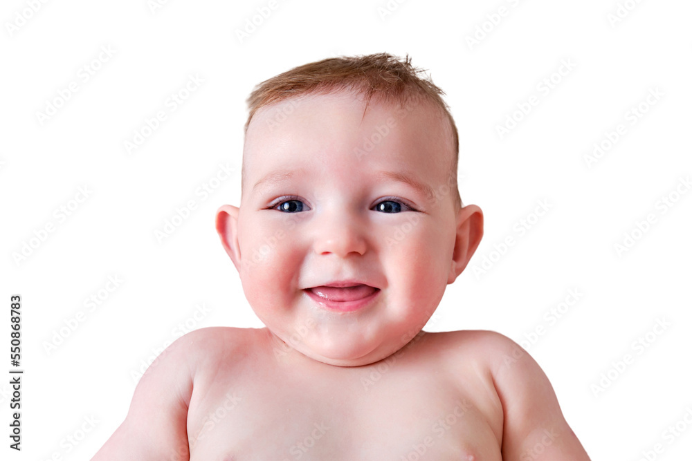 Portrait of a happy infant baby on a bed in a home living room, aged from six to seven months, isolated on a white background. Laughing toddler kid on the sofa, face close-up Portrait of a happy infant baby on a bed in a home living room, aged from six to seven months, isolated on a white background. Laughing toddler kid on the sofa, face close-up