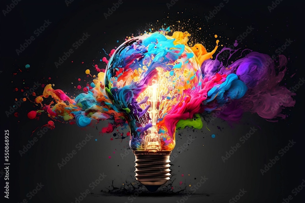 Lightbulb eureka moment with Impactful and inspiring artistic colourful explosion of paint energy - obrazy, fototapety, plakaty 