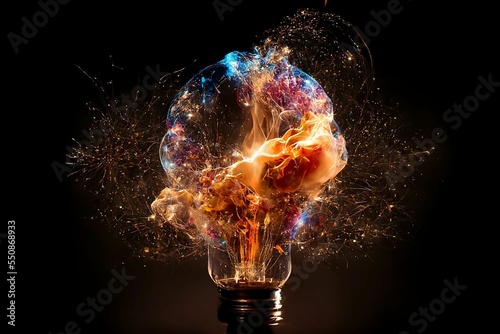 Lightbulb eureka moment with Impactful and inspiring artistic colourful explosion of paint energy photo