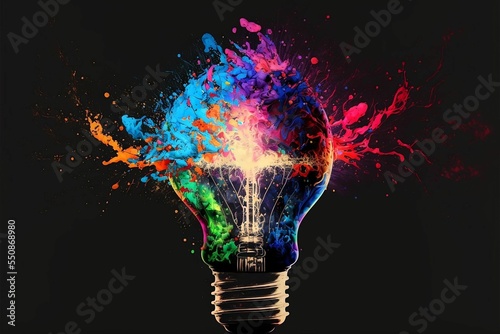 Lightbulb eureka moment with Impactful and inspiring artistic colourful explosion of paint energy