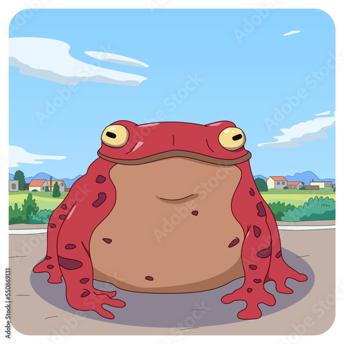 Red toad sits on the road near the settlement