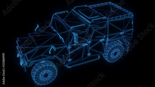 3D rendering illustration military truck blueprint glowing neon hologram futuristic show technology security for premium product business finance  