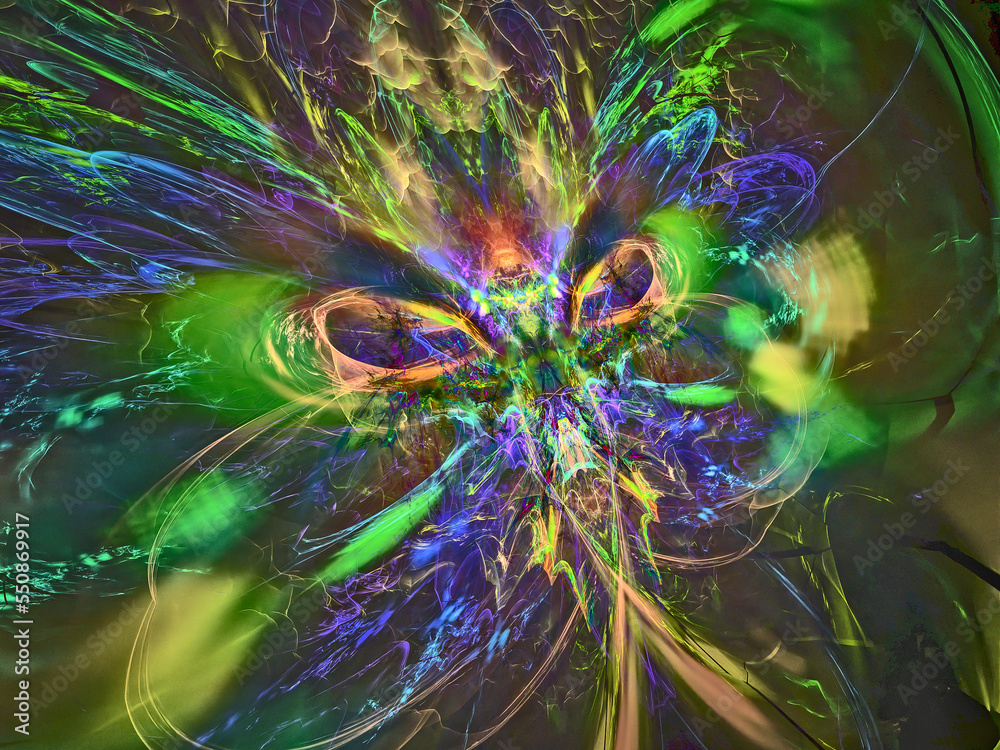 Alien. UFO. Creature from another dimension. Abstract Magic energy multicolored fractal. 3D rendering.