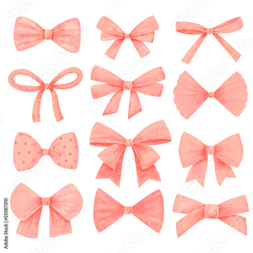 Watercolor Pink bow collection, illustration isolated on white background.