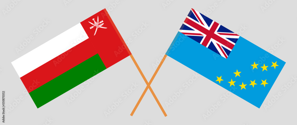 Crossed flags of Oman and Tuvalu. Official colors. Correct proportion