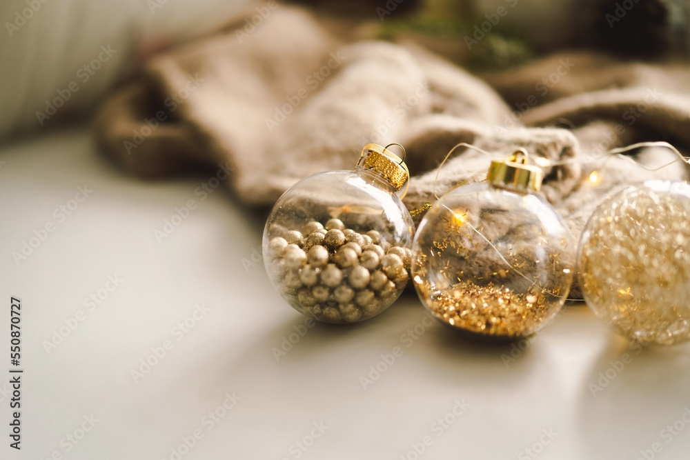 Christmas composition. Christmas golden balls and decorations. Christmas holiday celebration. New Year concept. Christmas composition. Christmas golden balls and decorations. Christmas holiday celebration. New Year concept.