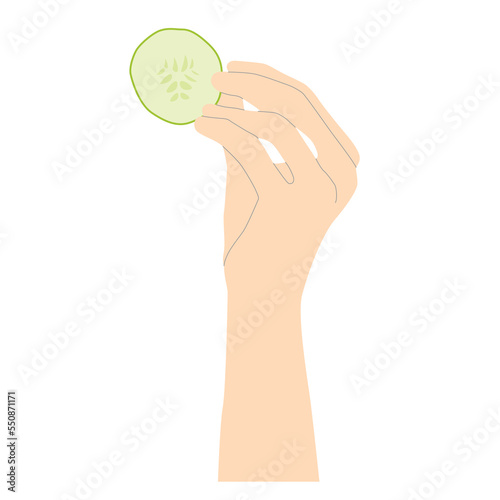 Female hand holding a slice of cucumber in minimalist style with lines to emphasize the shapes, vector isolated on white background.
