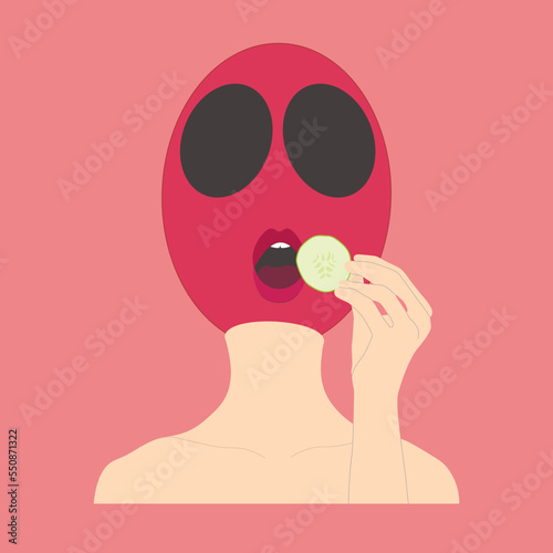 Character with human shoulders and hand in beige color with lines to emphasize the shapes, raspberry ball head with big empty eyes eating cucumber, vector isolated on pink background.