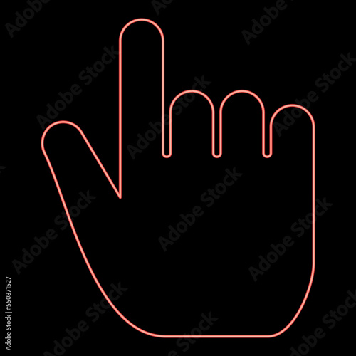 Neon hand point select declare index finger forefinger for click concept pushing choose icon red color vector illustration image flat style