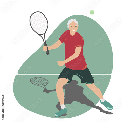 An old man plays tennis, an old man does sports with a racket in sports clothes. Useful active recreation, flat vector illustration on white background.